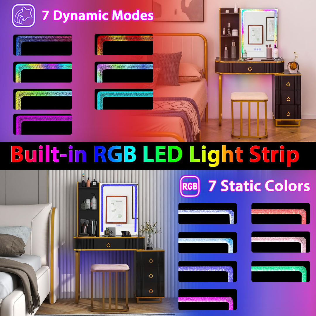 CHARMAID RBG LED Makeup Vanity Table, Colorful Lighted Mirror, 7 Dynamic &amp; 7 Static Modes, 3-Drawer Chest