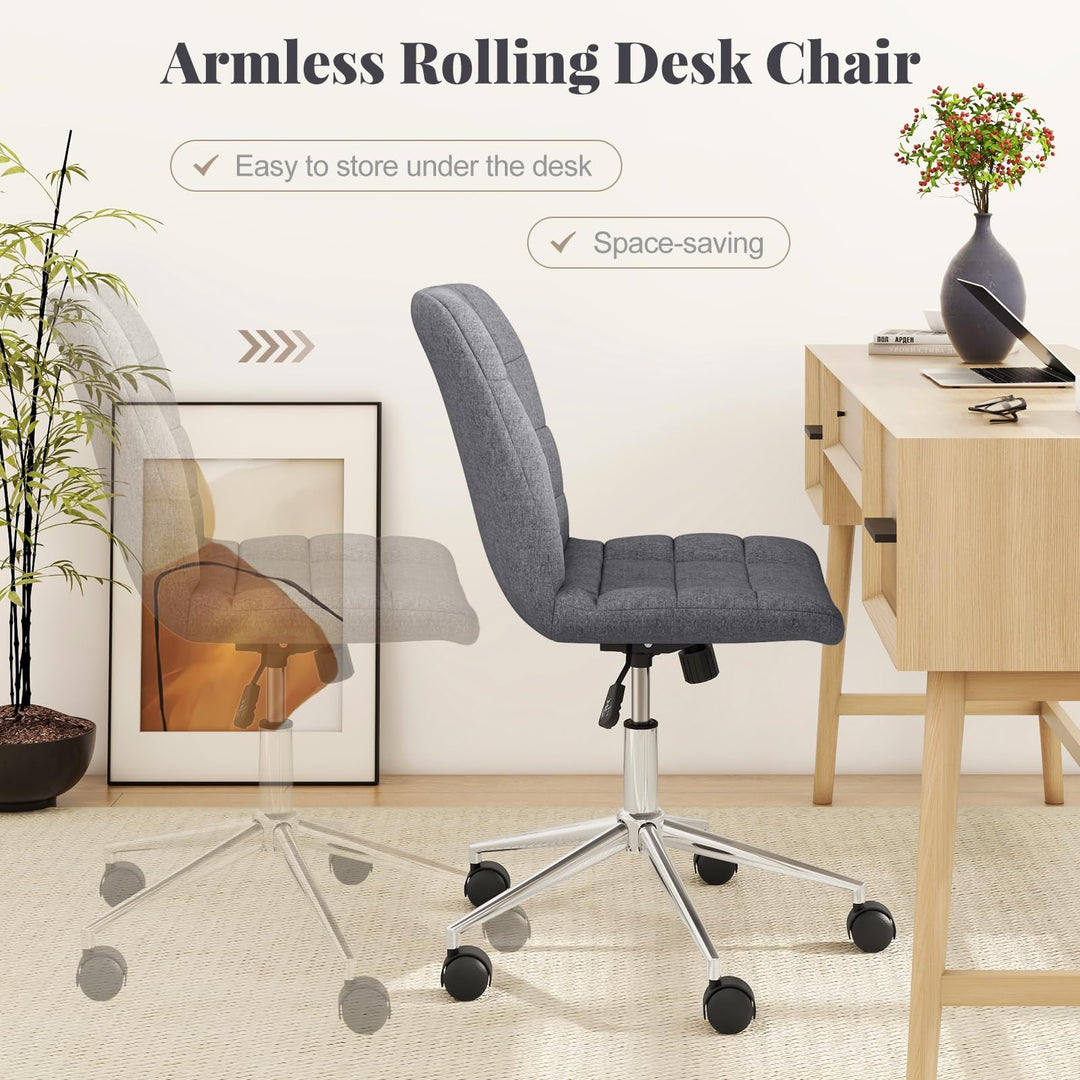 Giantex Armless Office Chair, Linen Fabric Vanity Chair with Wheels &amp; Adjustable Height, 360° Rolling Swivel Task Computer Chair
