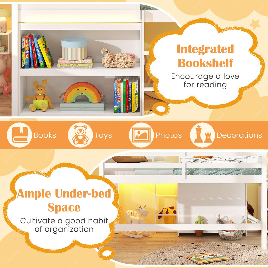 Giantex Twin Size Loft Bed with LED Lights Roof Window and Storage Bookshelf