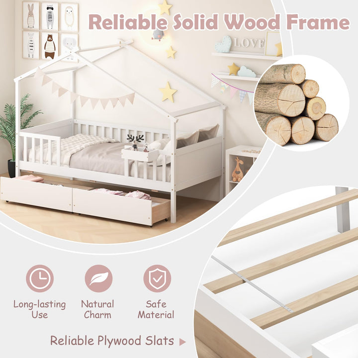 Giantex Twin House Bed with Drawers, Wooden Twin Bed Frame with Cube Storage &amp; Fence Rails