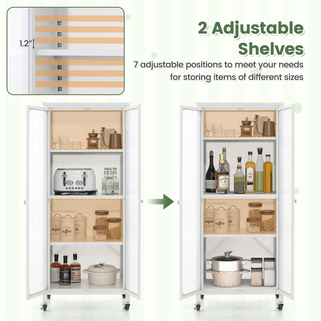 Giantex Bookcase with Doors, 58" Tall 4-Tier Bookshelf with Wheels, Adjustable Shelves (White)