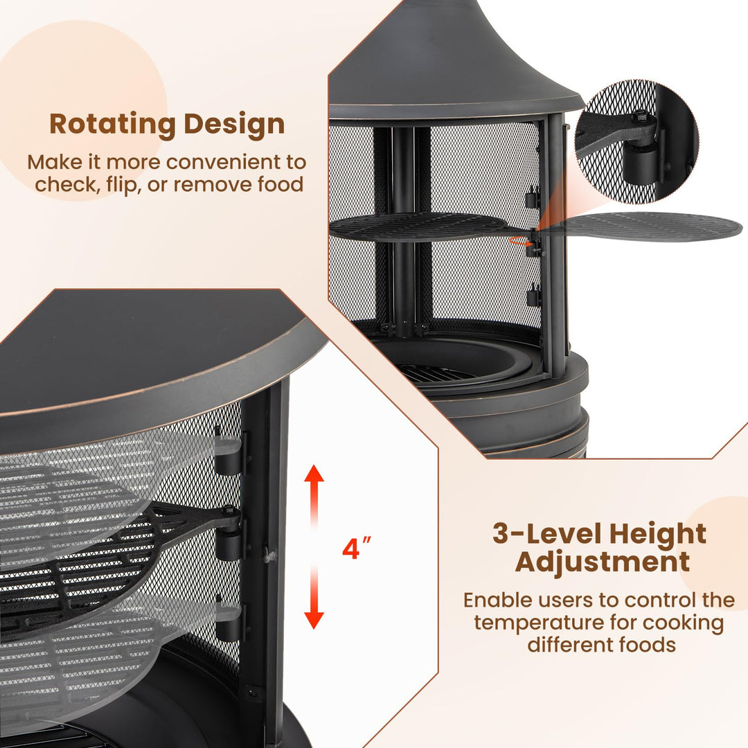 Giantex 2 in 1 Outdoor Fire Pit with Grill, 30 Inch Metal Chiminea, Wood Burning Fireplace with Chimney