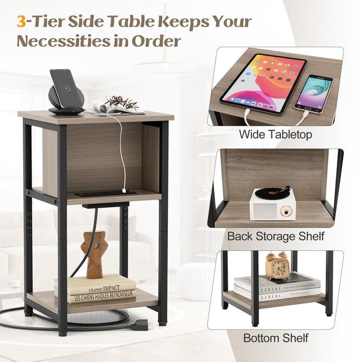 Giantex Nightstand with Charging Station, 3-Tier End Table with USB Ports &amp; Power Outlets