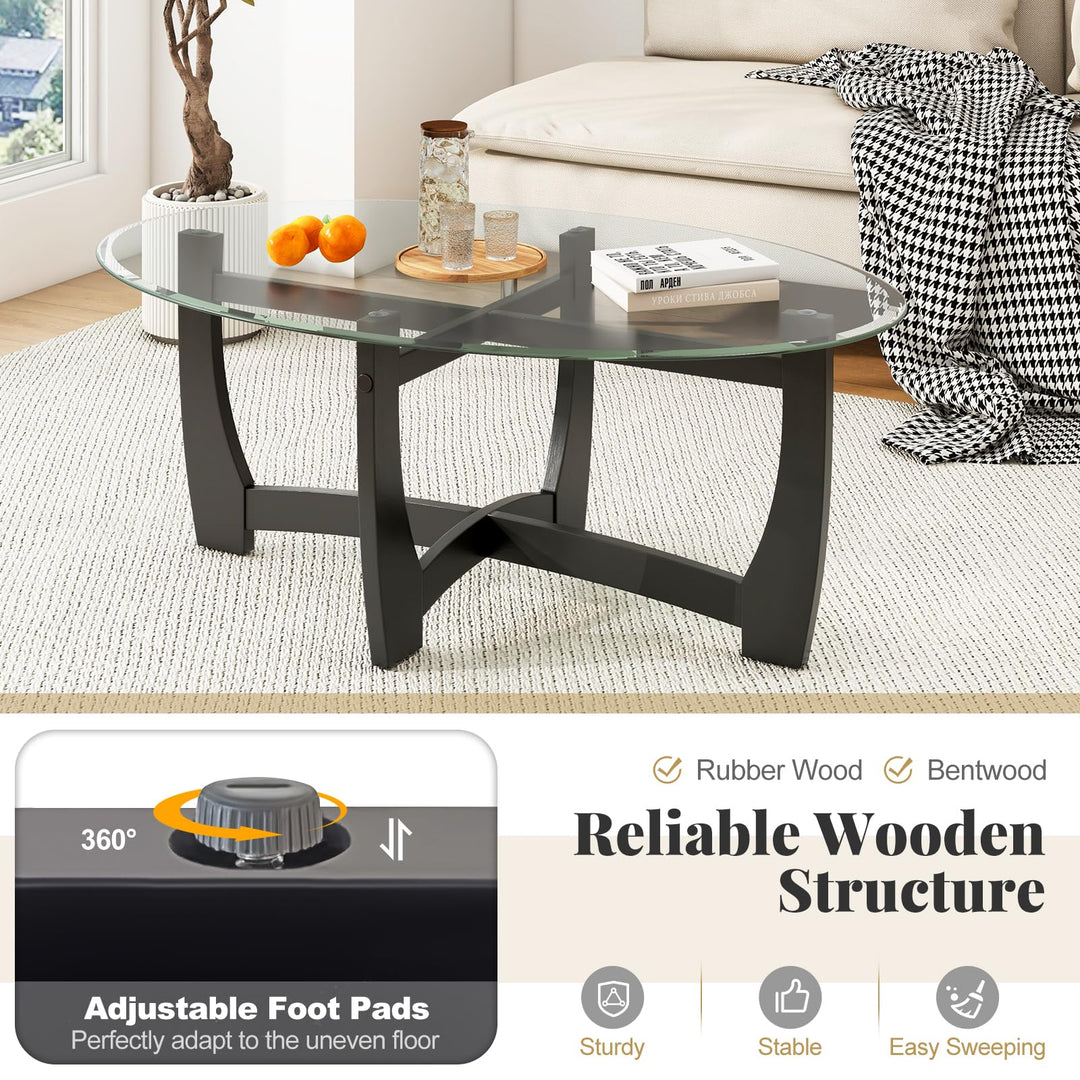 Giantex Glass Coffee Table, 48" Oval Accent Tea Table with Tempered Glass Top &amp; Solid Wood Structure