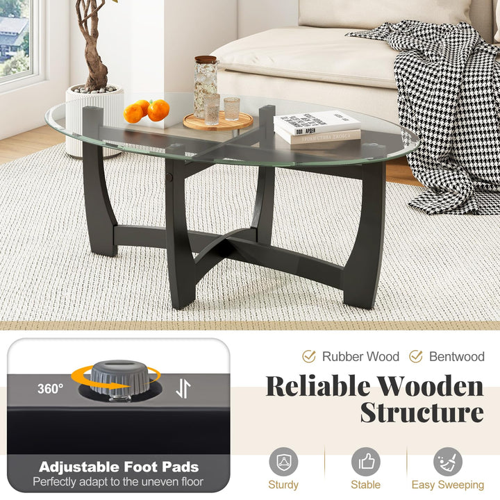 Giantex Glass Coffee Table, 48" Oval Accent Tea Table with Tempered Glass Top &amp; Solid Wood Structure