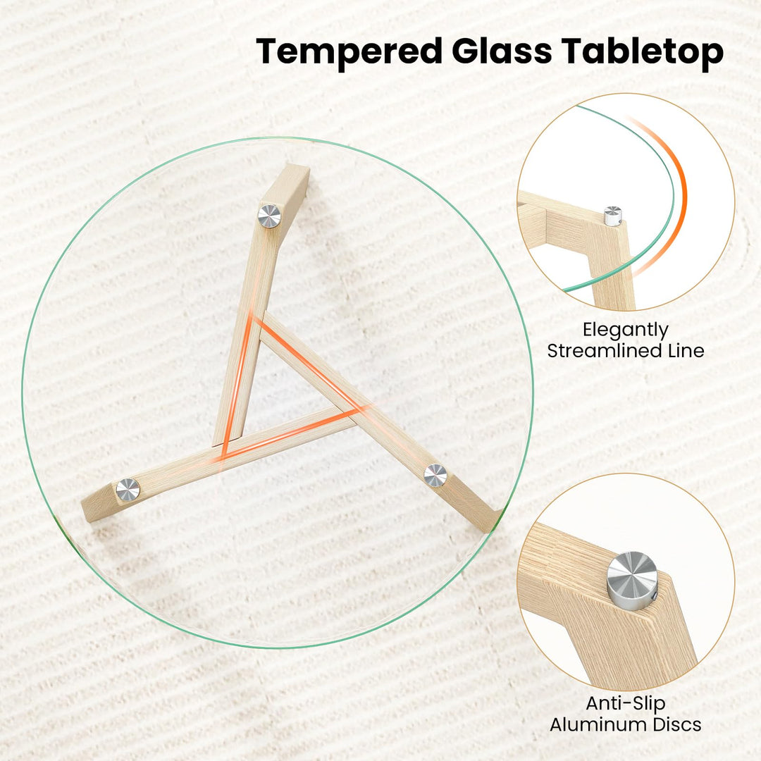 Giantex Glass Round Side Table w/Tempered Glass Top &amp; Rubber Wood Frame