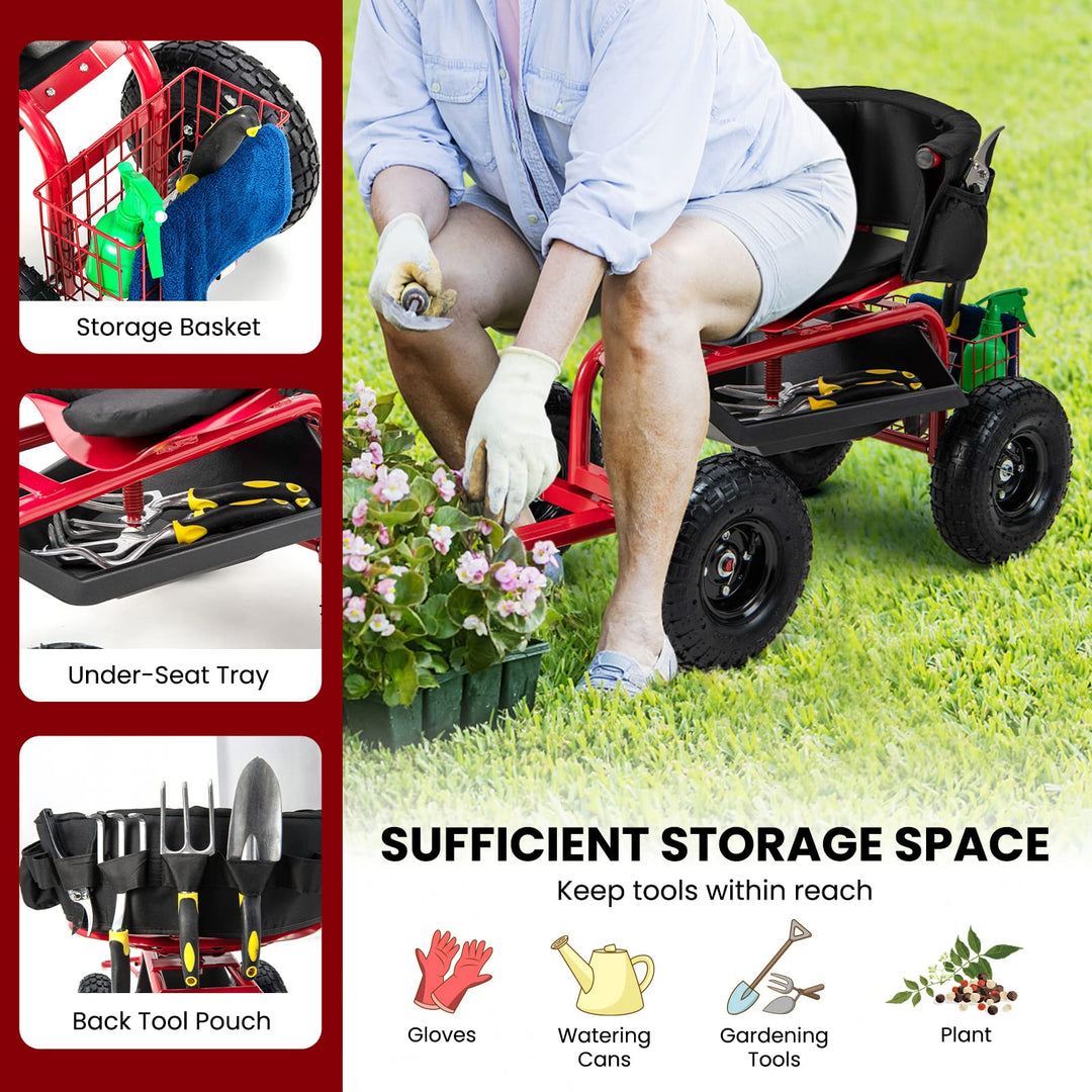 Giantex Cushioned Rolling Garden Cart Scooter with Storage Basket and Tool Pouch