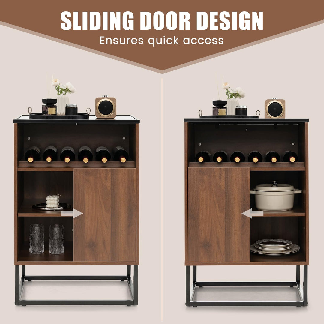 Giantex Wine Bar Cabinet, Small Sideboard Buffet Cabinet with Tempered Glass Top, Adjustable Feet &amp; Shelf, Sliding Door