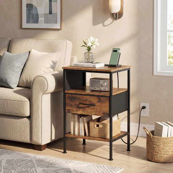 GIANTEX 24.5" Nightstand with Charging Station &amp; 1 Fabric Drawer (1/2)