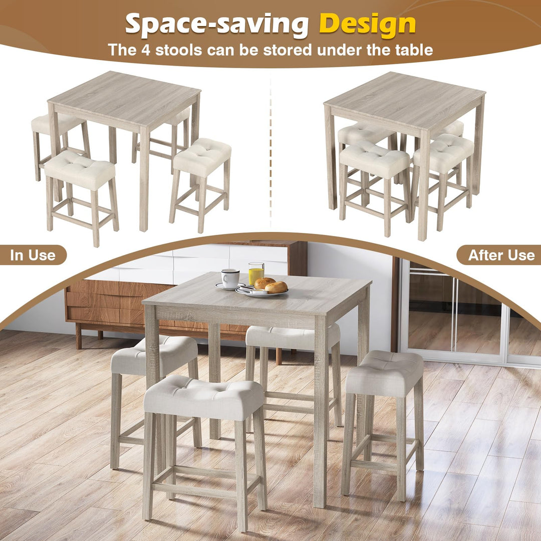 5 Pieces Bar Table Set with Square Table and 4 Padded Stools-Gray