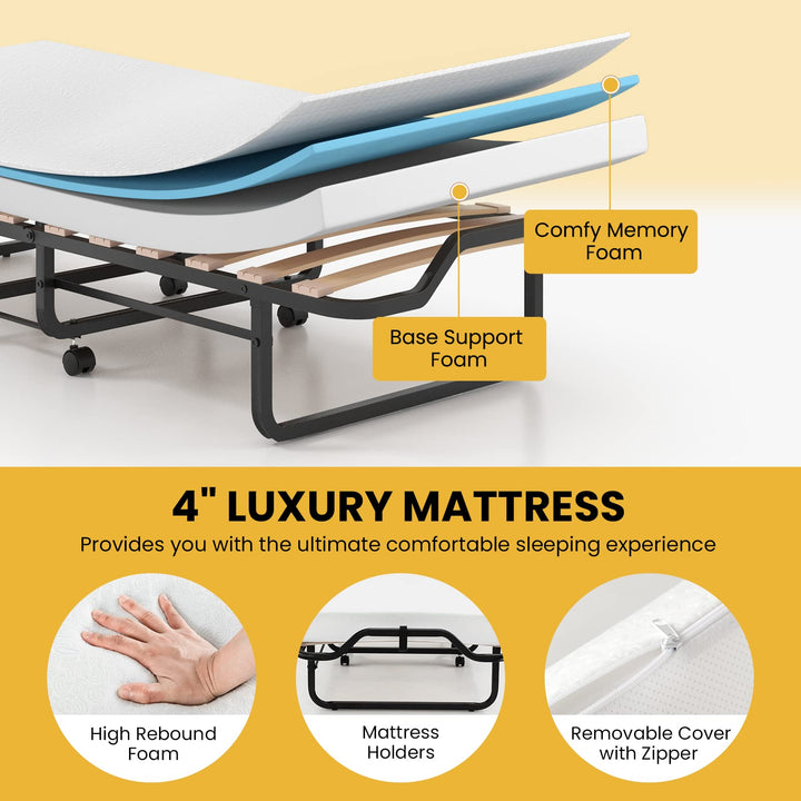 Giantex Folding Bed with 4 Inch Mattress for Adults, Cot Size Rollaway Bed for Guest, 75"x 31"