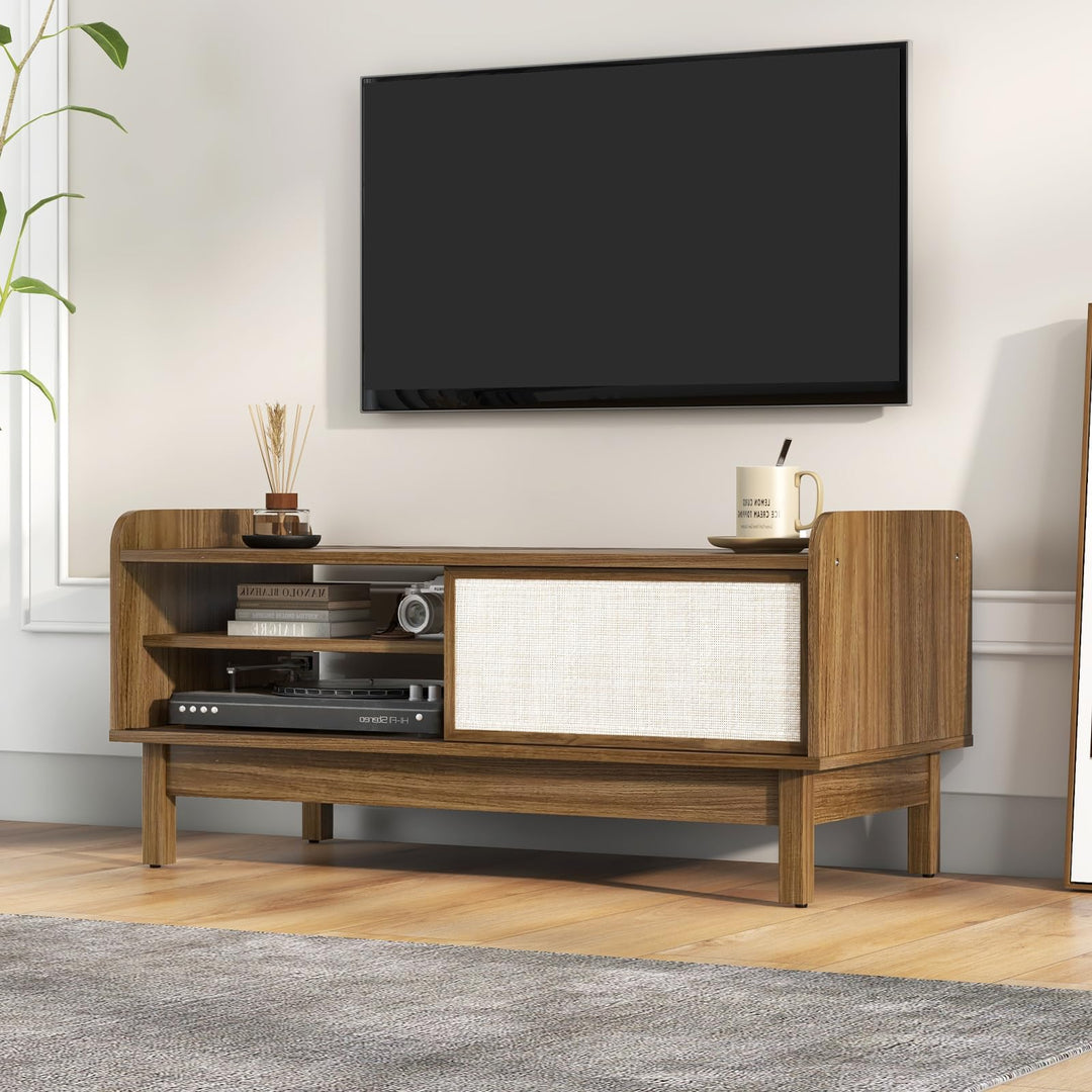 Giantex Coffee Table with Storage and Sliding Doors, Mid-Century Modern Coffee Table with Adjustable &amp; Removable Shelf