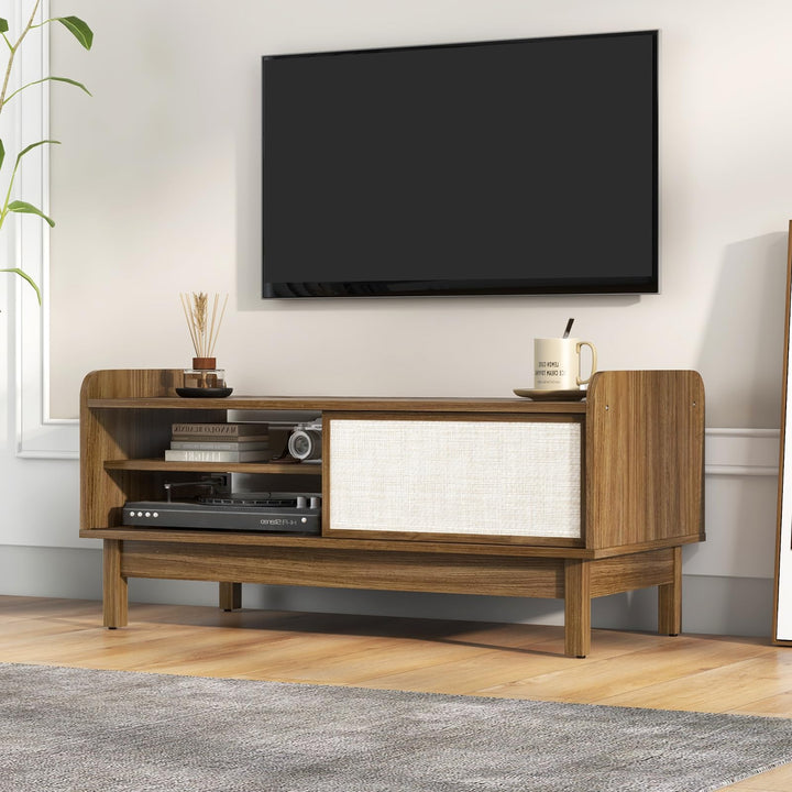 Giantex Coffee Table with Storage and Sliding Doors, Mid-Century Modern Coffee Table with Adjustable &amp; Removable Shelf