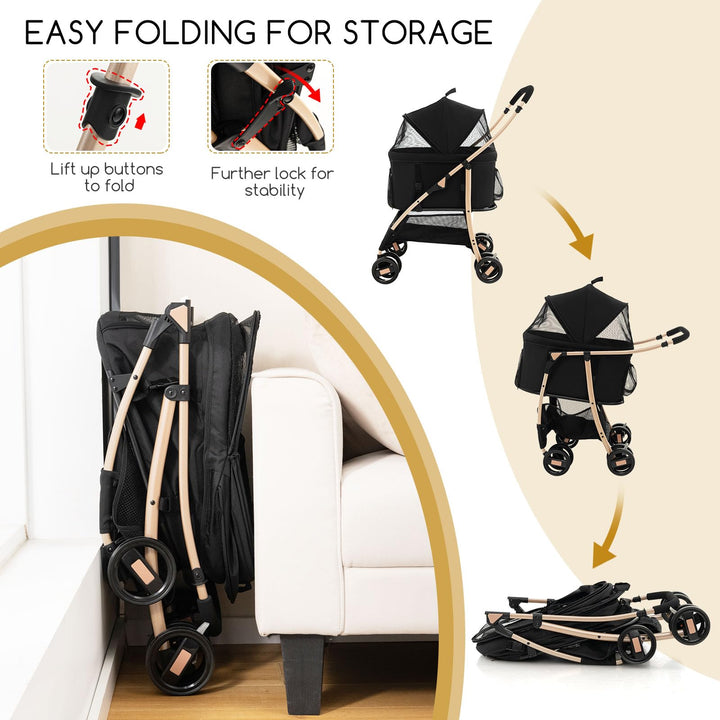 Giantex Pet Stroller 3-in-1, Folding Dog Stroller Detachable Carrier Car Seat (Black &amp; Gold)