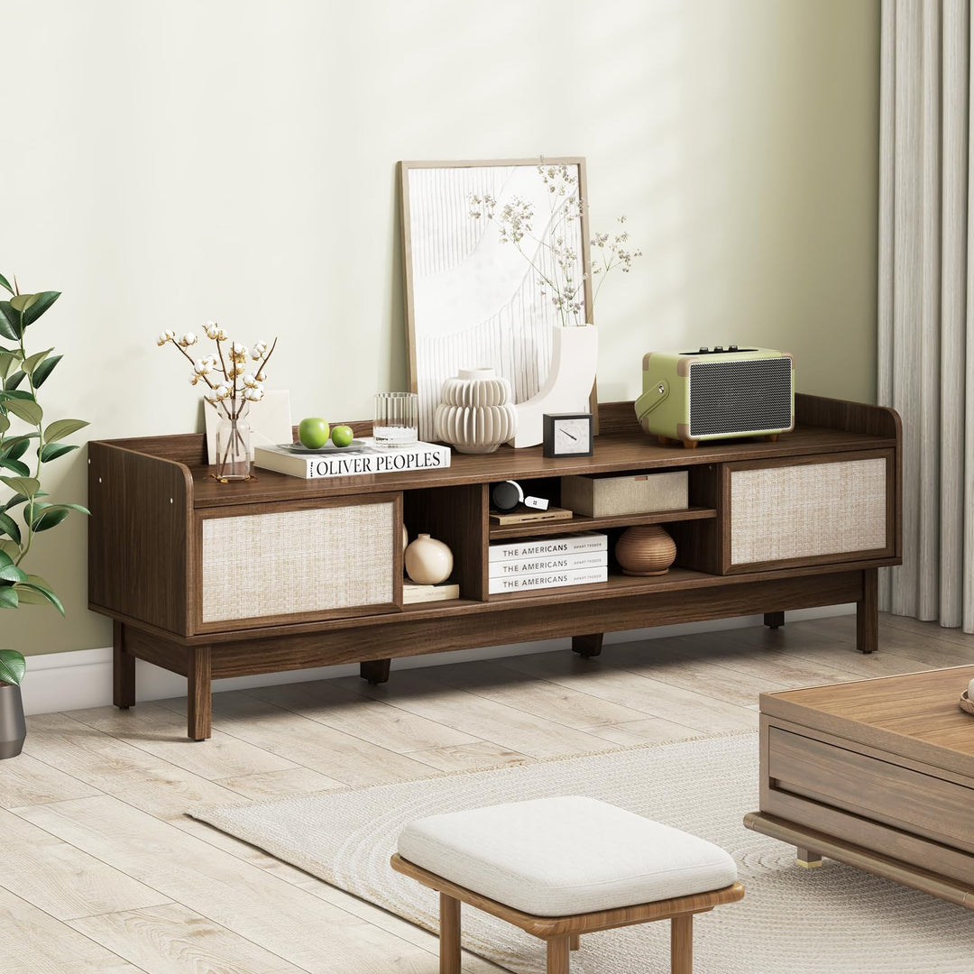 Giantex TV Stand for 65” TV, Entertainment Center with Woven Doors, Sliding Door, Adjustable Shelf &amp; Compartment