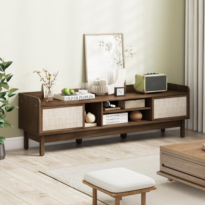 Giantex TV Stand for 65” TV, Entertainment Center with Woven Doors, Sliding Door, Adjustable Shelf &amp; Compartment