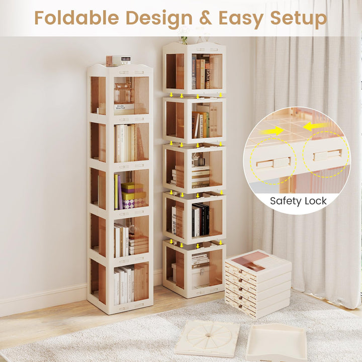 Giantex 5-Tier Foldable Rotating Bookshelf w/Swivel Base | 360° Revolving Bookshelf Tower