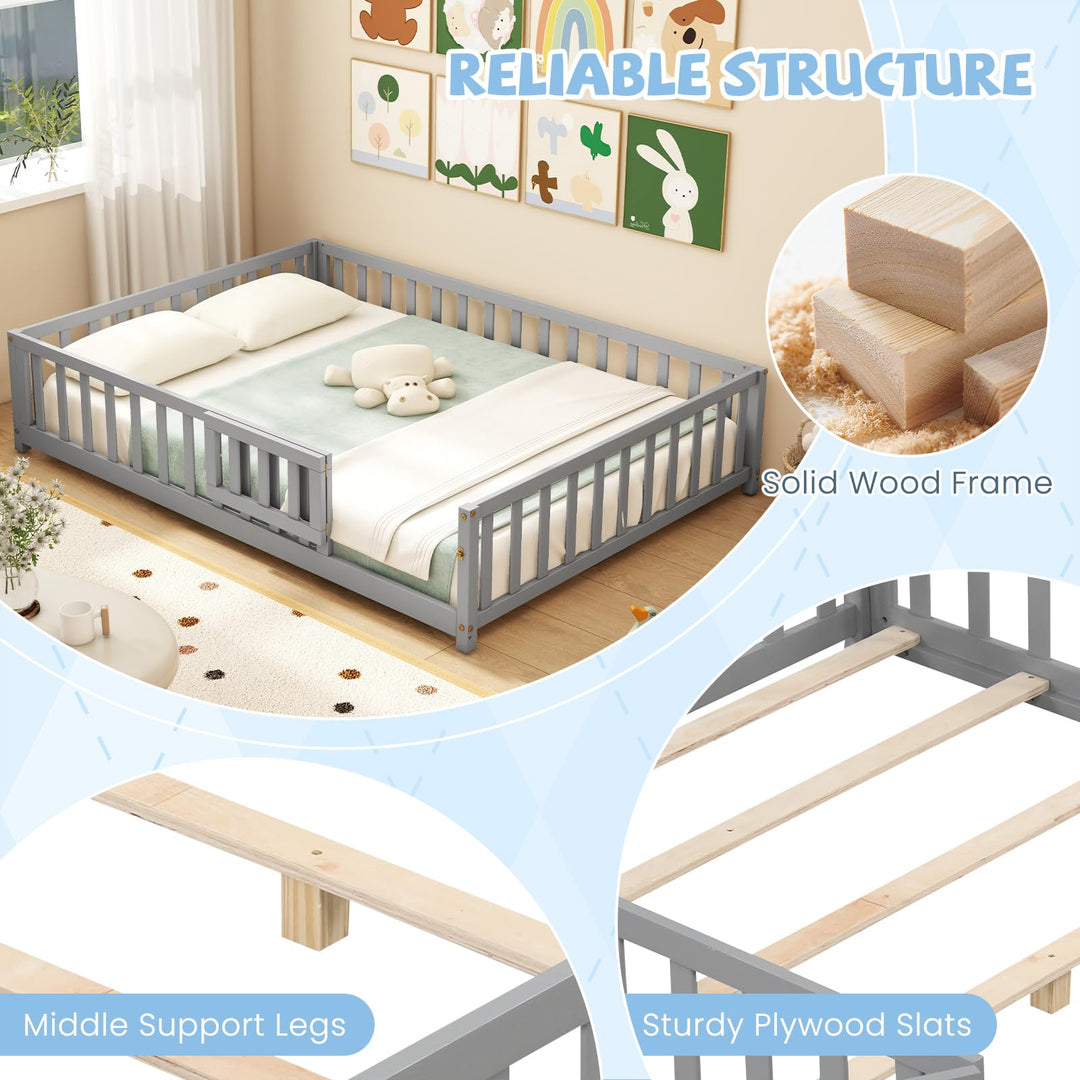 Giantex Full Size Floor Bed for Kids, Montessori Floor Bed with Wood Slats &amp; Safety Guardrails