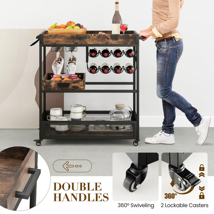Giantex Rolling Bar Cart, 3-Tier Industrial Buffet Serving Cart with Wine Rack, Stemware Rack &amp; Removable Tray