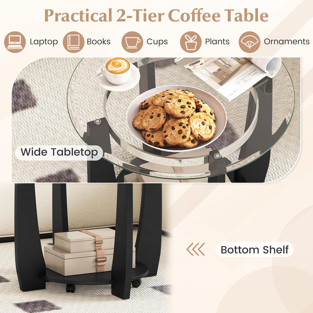 Giantex Round Glass Coffee Table 32" Rolling Center Tables with Wheels