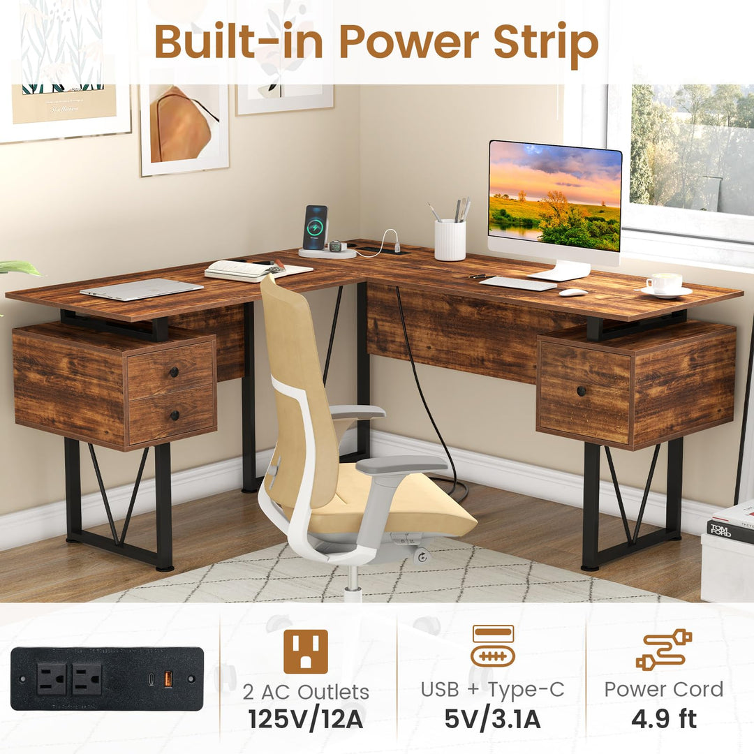 Giantex L Shaped Desk with Drawers, 59” Large Computer Desk with Power Outlet