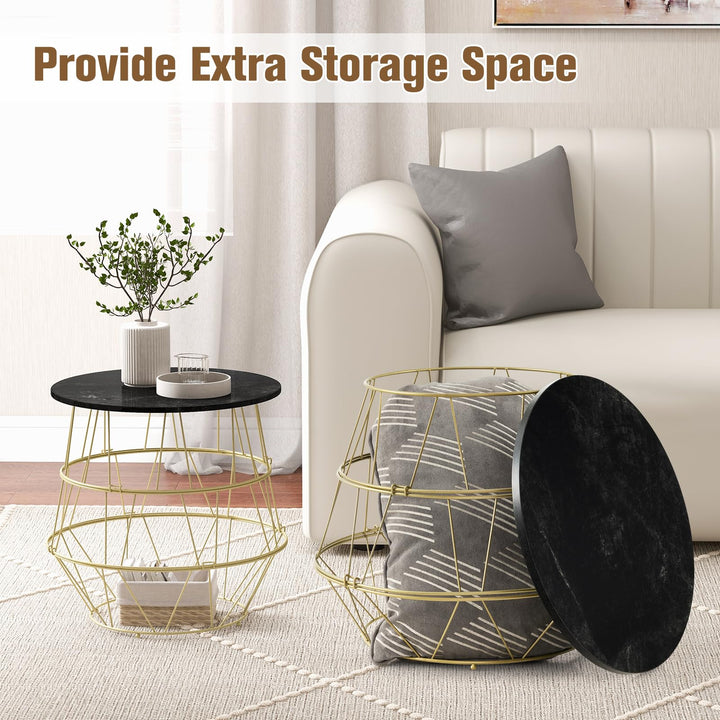 Giantex Round Coffee Table, Faux Marble Side End Table with Gold Metal Frame &amp; Removeable Top