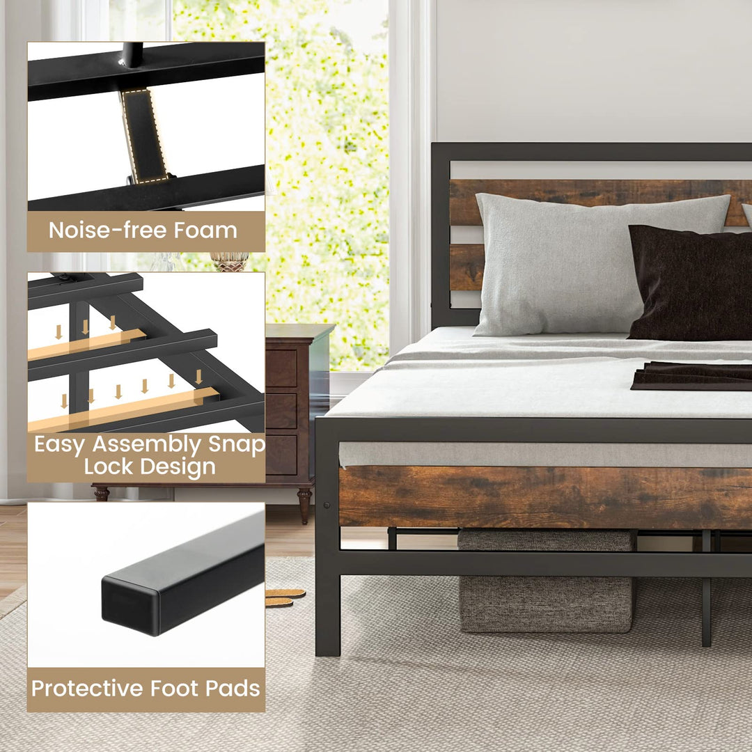 Giantex Queen Metal Platform Bed Frame with Wooden Headboard &amp; Footboard, Rustic Brown