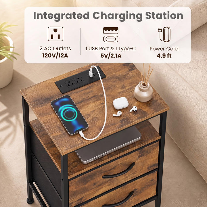 GIANTEX 24.5" Nightstand with Charging Station &amp; 2 Fabric Drawer (1/2)