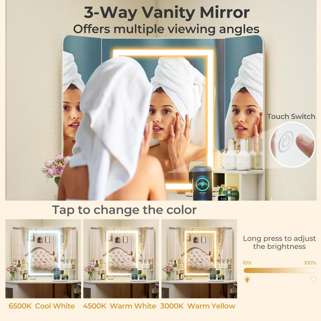 CHARMAID Corner Vanity Desk with Lighted Tri-Fold Mirror | Space Saving Dressing Table with Stool