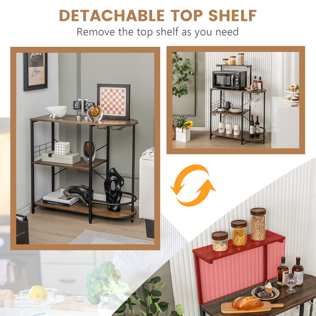 Giantex Kitchen Bakers Rack, 4-Tier Microwave Stand with 6 Hooks &amp; Stemware Racks (Rustic Brown)
