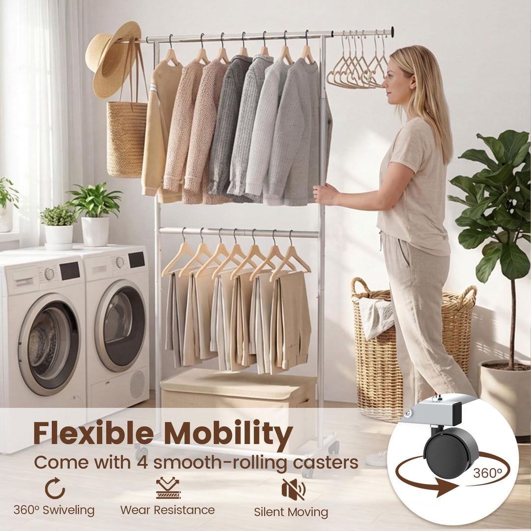 Giantex Extendable Double-Rod Rolling Clothing Rack for Hanging Clothes