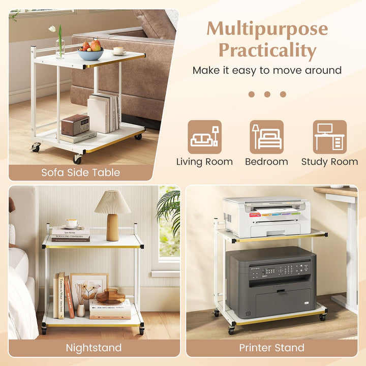 Giantex Mobile C-Shaped End Table - 2-Tier Sofa Couch Bed Side Table w/Open Storage Shelves &amp; Golden Edge Banding