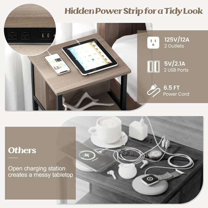 Giantex Nightstand with Charging Station, 3-Tier End Table with USB Ports &amp; Power Outlets