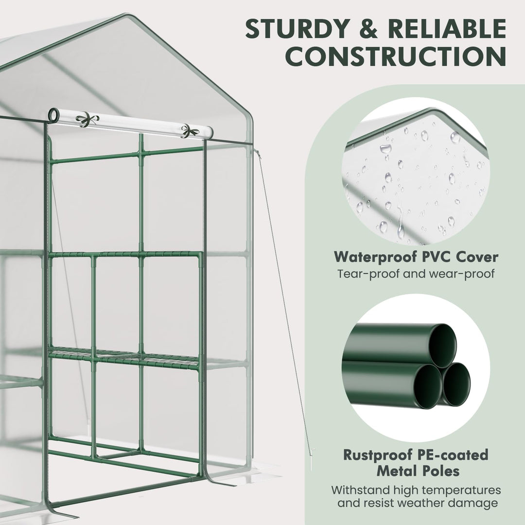 Giantex Walk-in Greenhouse w/ 3 Tiers 4 Shelves, 4 Ground Stakes &amp; Ropes, PVC Cover