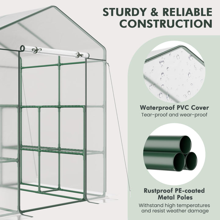 Giantex Walk-in Greenhouse w/ 3 Tiers 4 Shelves, 4 Ground Stakes &amp; Ropes, PVC Cover