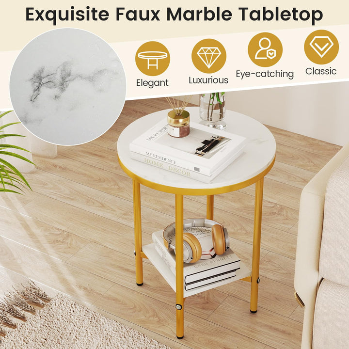 Giantex Round Side Table 2-Tier Faux Marble Sofa Side Coffee Table w/Gold Frame &amp; Open Shelf