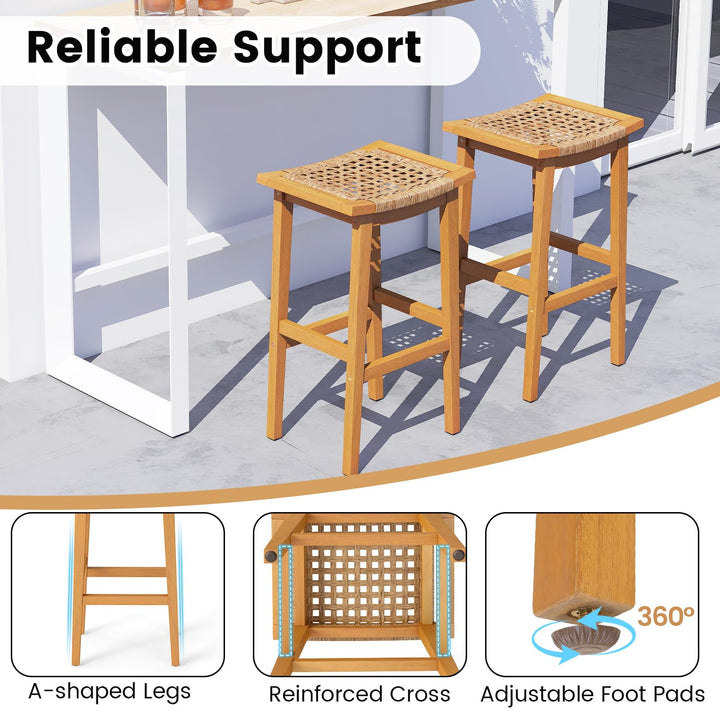 Giantex Outdoor Wooden 29" Bar Stools Set of 2/4 Backless Patio Barstools with PE Rattan Saddle Seat &amp; Footrest