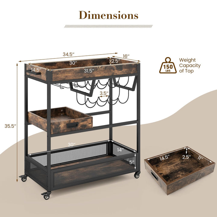 Giantex Rolling Bar Cart, 3-Tier Industrial Buffet Serving Cart with Wine Rack, Stemware Rack &amp; Removable Tray