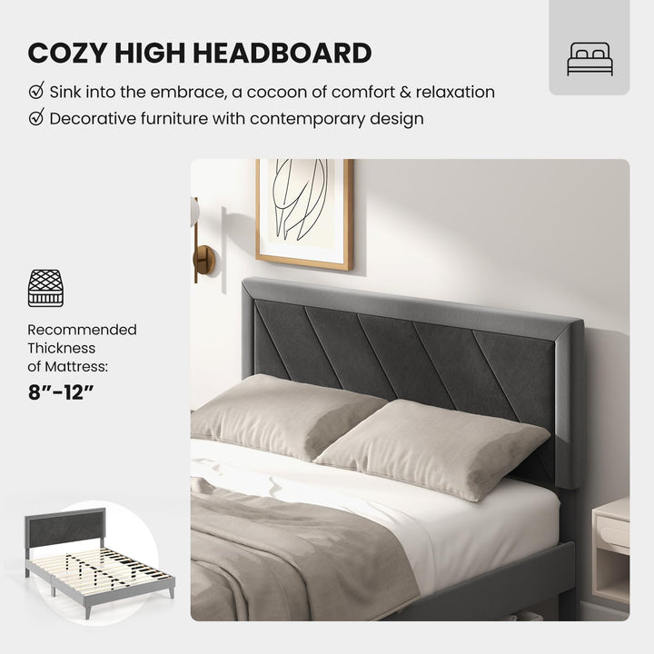 Giantex Full Size Velvet Bed Frame with Headboard, Modern Upholstered Platform Bed, No Box Spring Needed, Black &amp; Gray