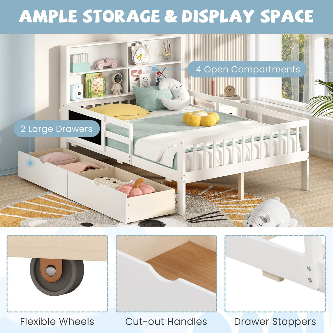 Giantex Full/Twin Size 2 Storage Drawers, Solid Wood Kids Bed Frame w/Bookcase Headboard &amp; Blackboard
