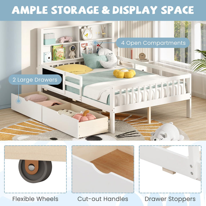 Giantex Full/Twin Size 2 Storage Drawers, Solid Wood Kids Bed Frame w/Bookcase Headboard &amp; Blackboard