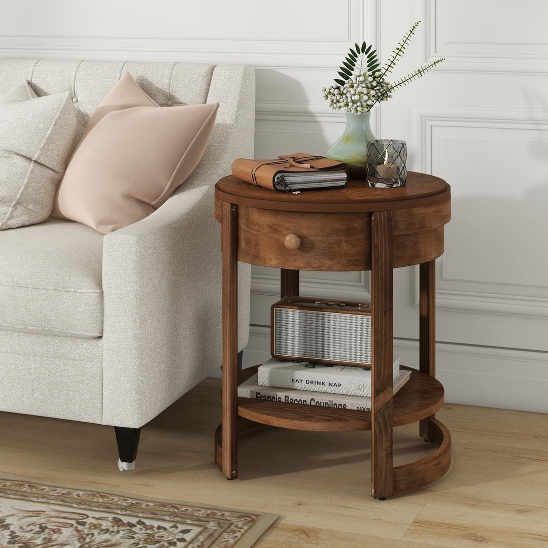 Giantex Round Side Tables Set of 1/2 | 2-Tier Retro End Tables with Drawer &amp; Shelf
