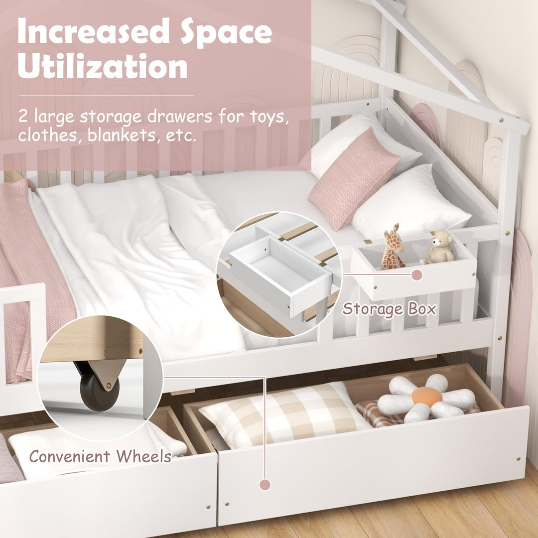 Giantex Twin House Bed with Drawers, Wooden Twin Bed Frame with Cube Storage &amp; Fence Rails