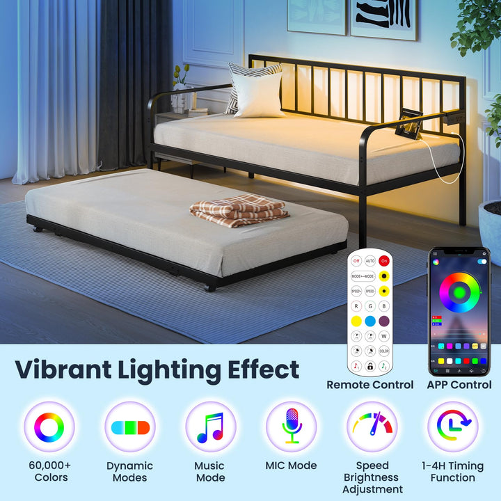 Giantex Twin Daybed with Trundle, Metal Day Bed with Charging Station &amp; LED Lights