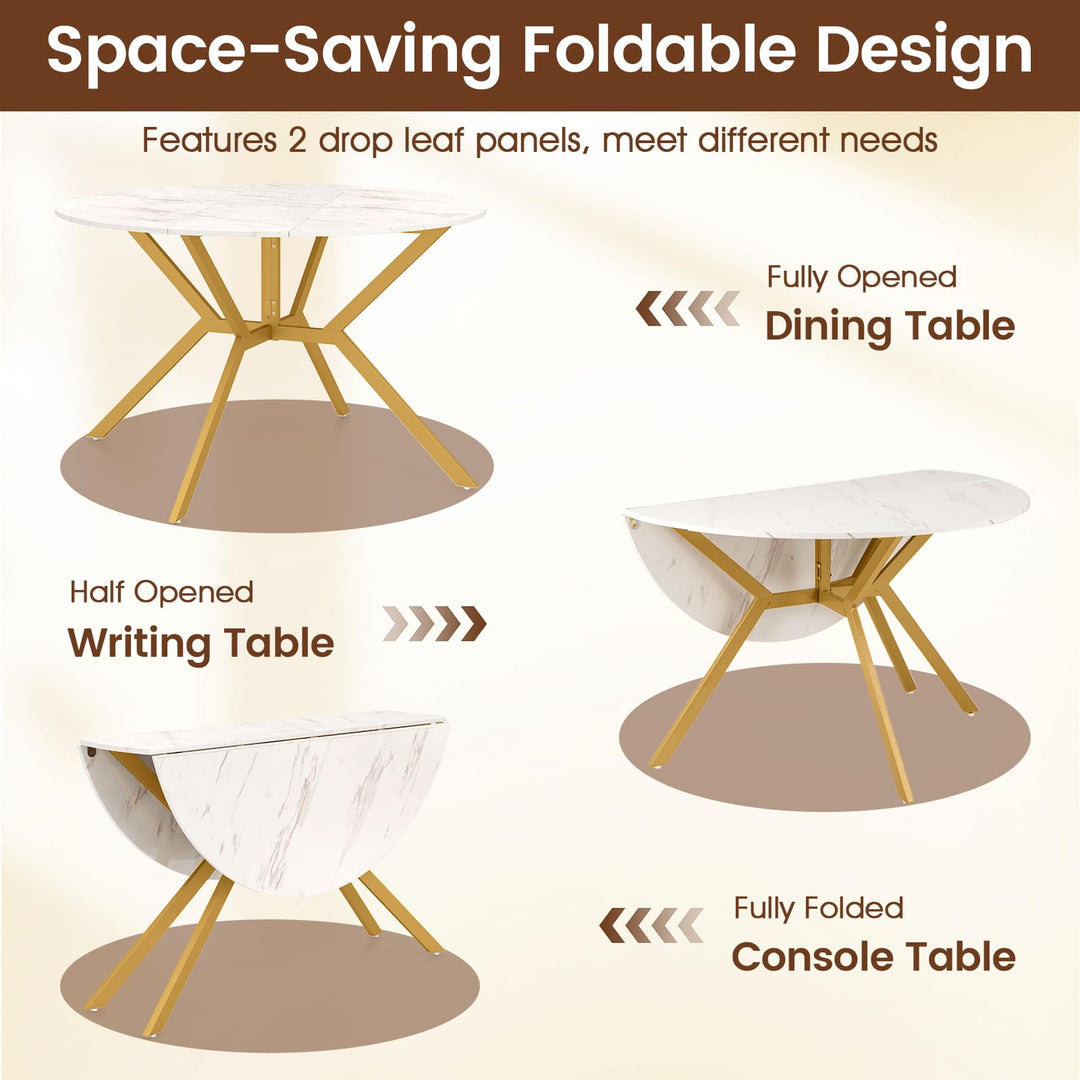 Giantex Folding Dining Table for 4-6 People 47" Round Drop Leaf Table with Metal Frame