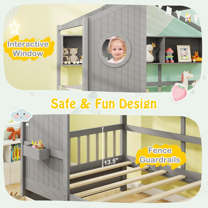 Giantex Twin House Bed with 2 Storage Drawers, Kids Bed Frame with Storage Cubes, Montessori Bed with Fence Guardrails &amp; Roof