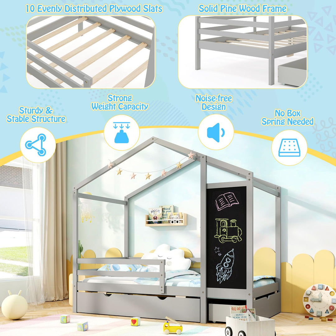 Giantex Twin Bed with 2 Storage Drawers, Solid Wood House Bed with Blackboard &amp; Safety Guardrails