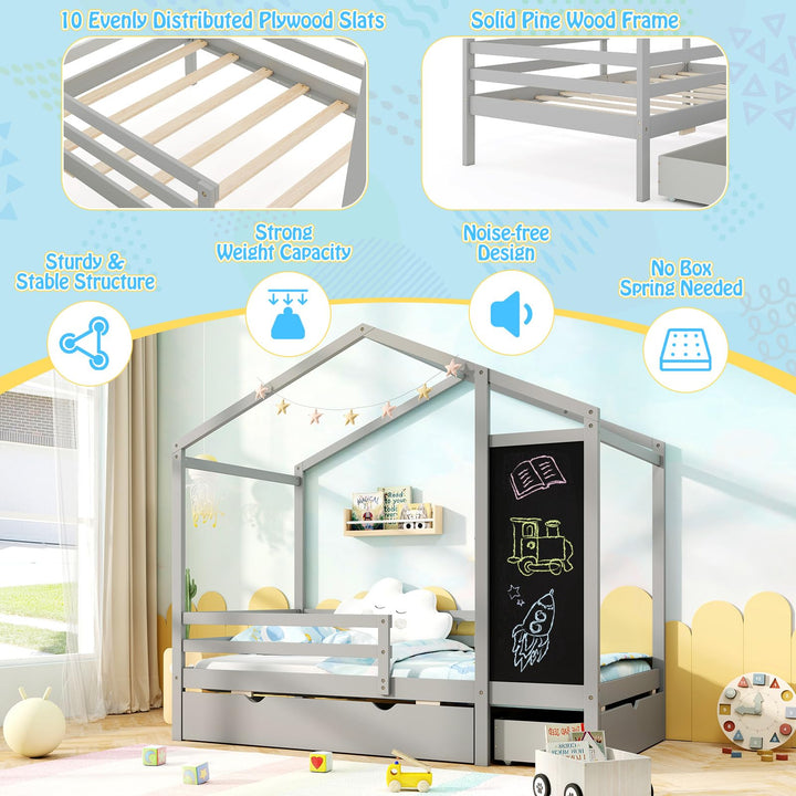 Giantex Twin Bed with 2 Storage Drawers, Solid Wood House Bed with Blackboard &amp; Safety Guardrails
