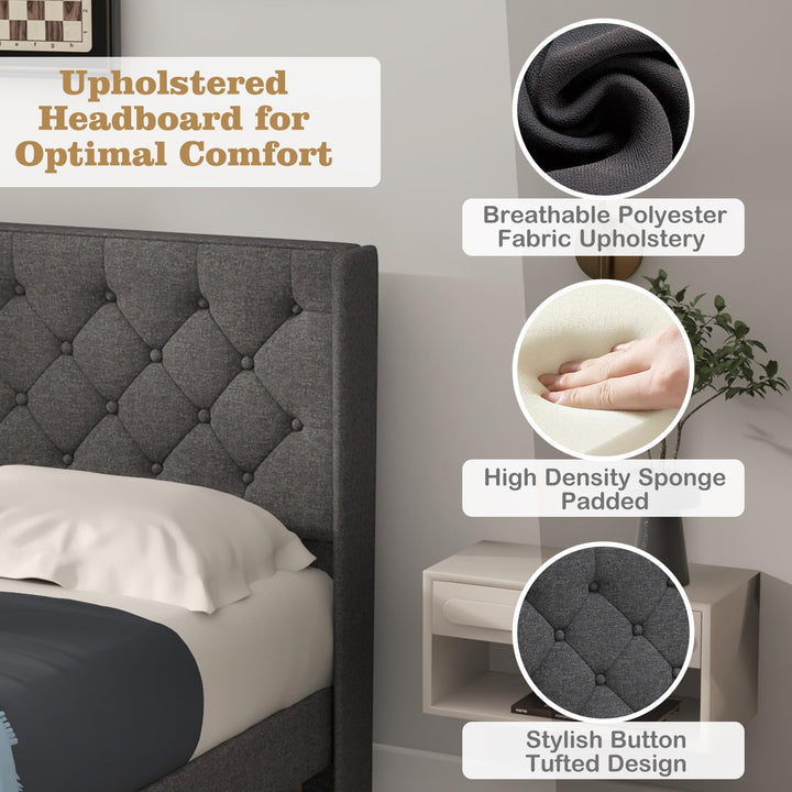 Giantex Queen/Full/Twin Size Bed Frame with Button Tufted Headboard, Modern Fabric Upholstered Platform Bed with Wingback Design, Grey