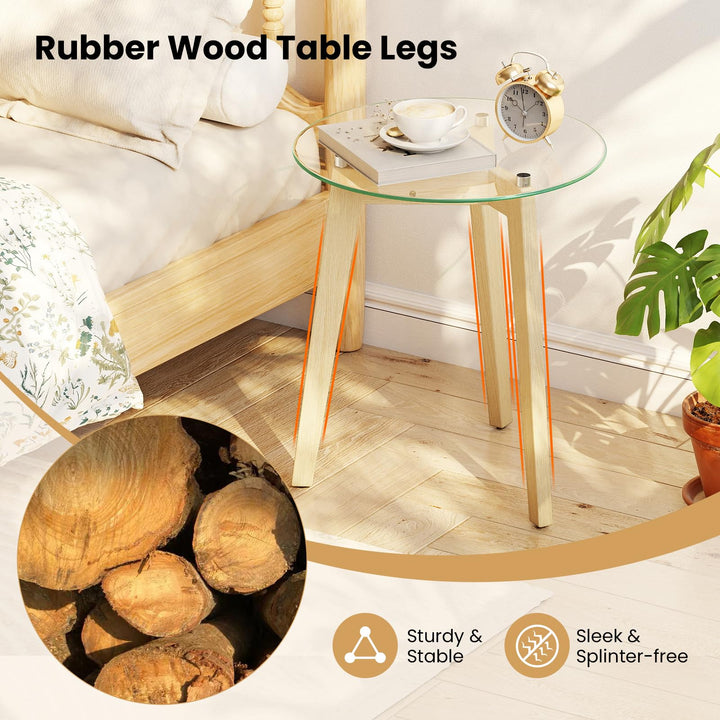 Giantex Glass Round Side Table w/Tempered Glass Top &amp; Rubber Wood Frame